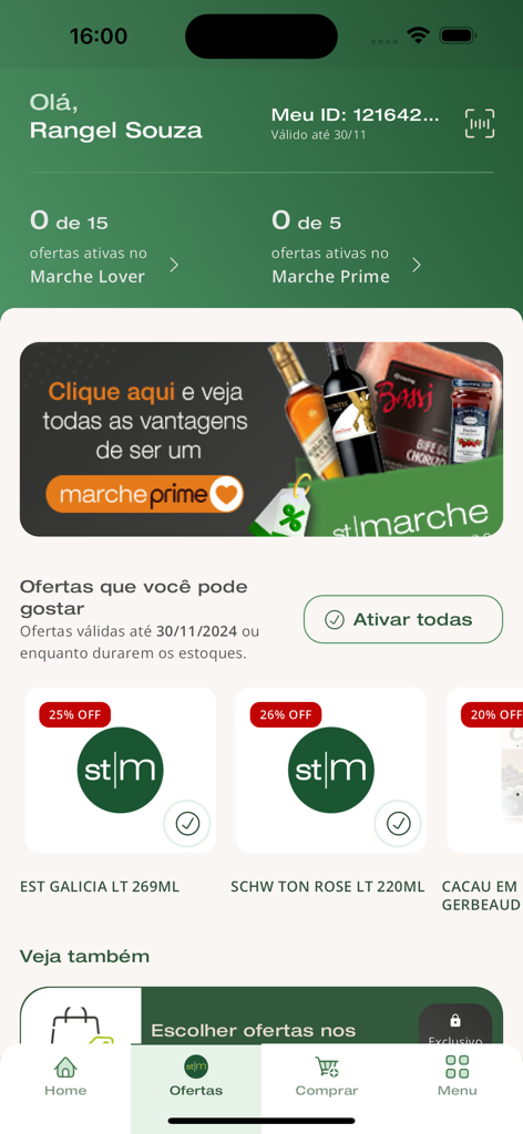 Mobile app interface of St Marche premium supermarket showing personalized product discounts and loyalty program member benefits.