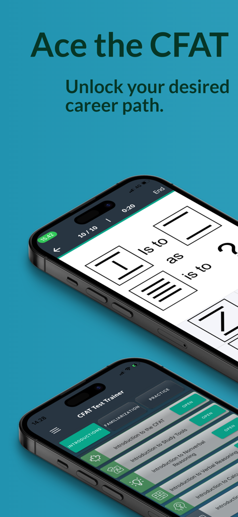 Mobile app interface of CFAT Trainer showing a spatial reasoning question and study course menu on two smartphones