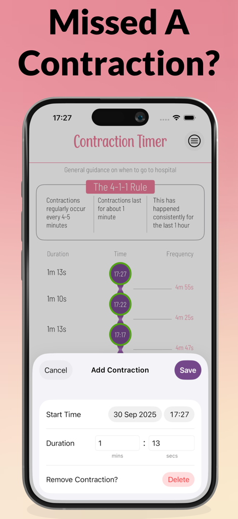 A mobile app screen for manually adding a missed contraction with a duration and start time.