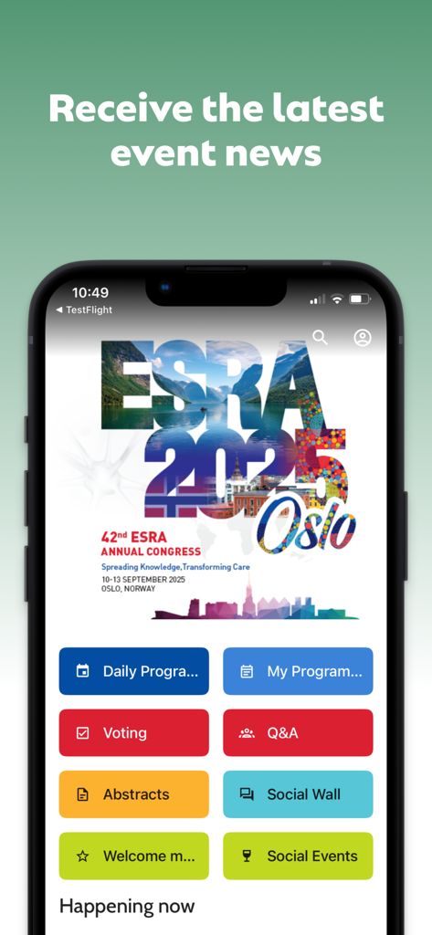 ESRA Congress 2025 - Pantalla de inicio de la aplicación móvil ESRA Congress 2025 que muestra detalles del evento y botones de navegación para programa, votación y resúmenes.