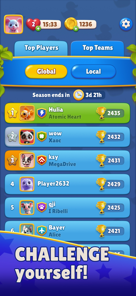 Global leaderboard in Mighty Match 3D Puzzle Game showing top player rankings and trophy counts