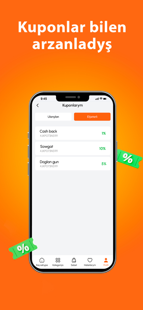 Timar - A smartphone display showing the Timar app's coupons page with various discount offers for furniture accessories.