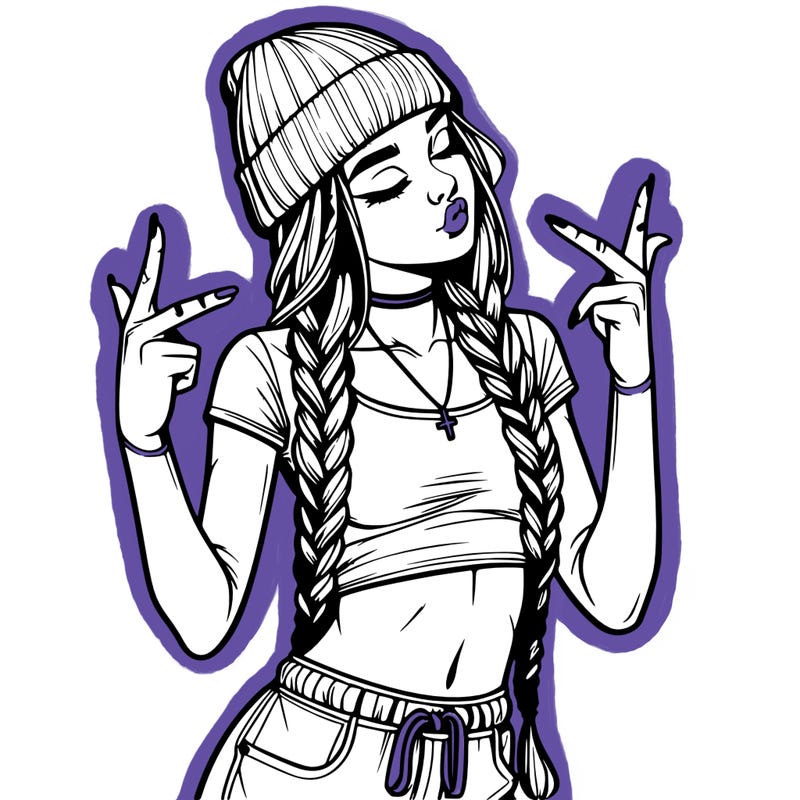 realistic teenage girl with braids and a beanie and crop top doing 🫶🏼