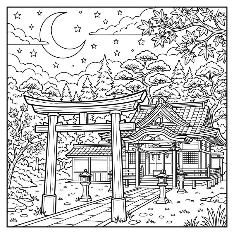 Discover the peaceful beauty of a Japanese Shinto shrine under a starry night sky. This intricate coloring page invites you to bring vibrant life to its traditional architecture and serene natural setting.