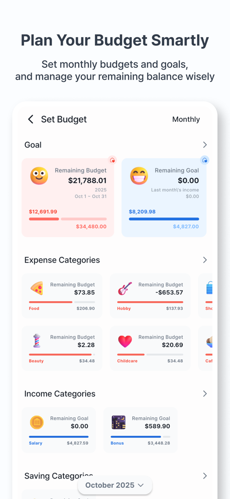 Feed MoneyBook Pro - Budget planning screen with colorful progress bars and cute expense category icons