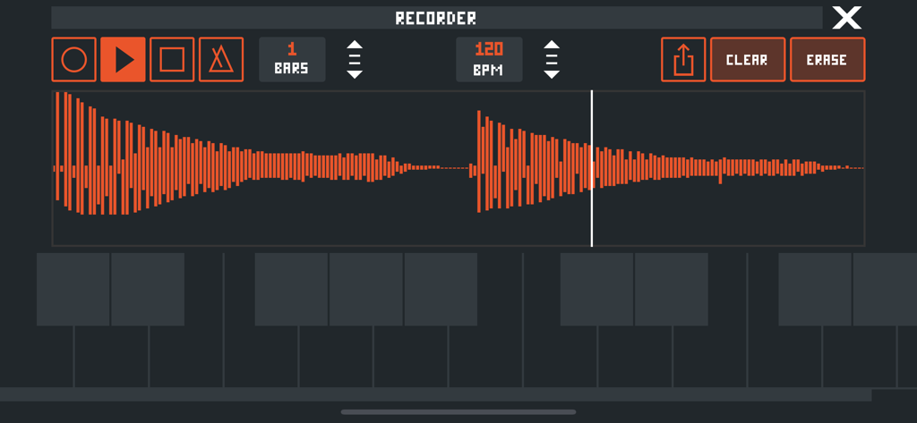 SquareSynth 2 audio recorder interface showing an 8-bit waveform and music production controls