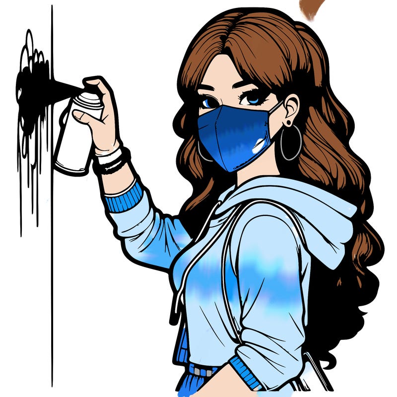 realistic girl with mask spray painting a wall