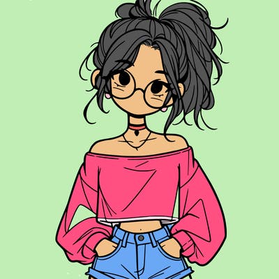 girl with a messy ponytail glasses a baggy crop top and jean shorts