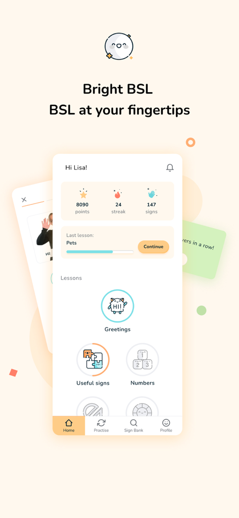 Bright BSL - Sign Language - Bright BSL app home screen showing user progress points streak and sign language lesson modules