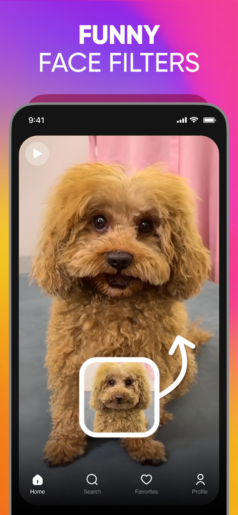 Revive: AI Face Photo Animator - Um cachorro marrom fofo com um filtro facial engraçado aplicado usando o aplicativo animador de fotos de IA Revive