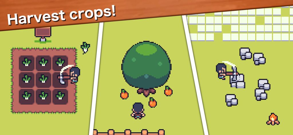 Mini Mini Farm - Personagem em pixel art colhendo plantações e coletando recursos em Mini Mini Farm