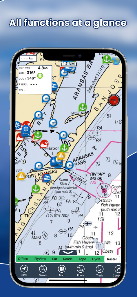 AIS Maps: Marine & Lake charts - モバイルアプリインターフェイス。AIS船舶追跡を備えた海図が表示されています。