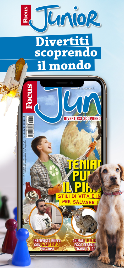Aplicación de revista Focus Junior en un teléfono inteligente con contenido educativo para niños sobre ciencia y naturaleza