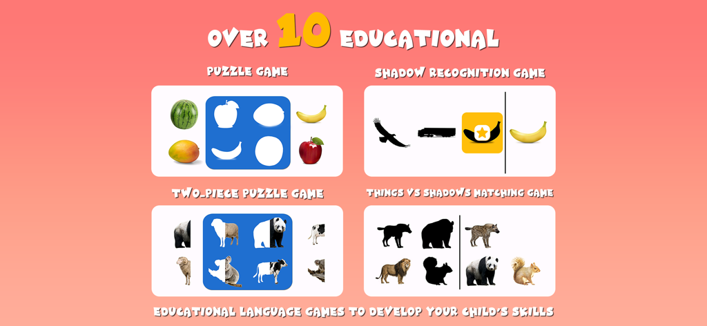 Four educational games for kids including puzzles and shadow matching with real-world animal and fruit images