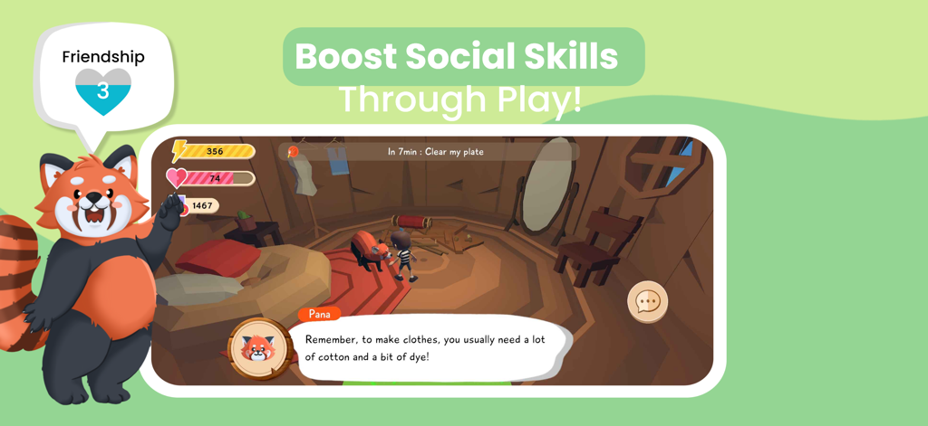 Chores and Anger Management - A red panda character in the Lusha app teaching social skills and tracking chore progress for kids