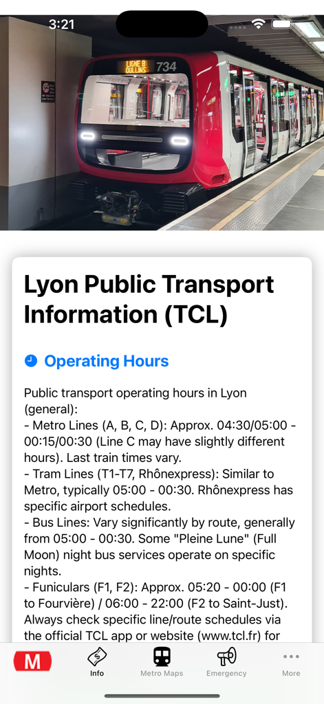 Lyon Subway Map - Écran de l'application Lyon Subway Map affichant les heures d'ouverture des transports en commun TCL et les informations sur le métro