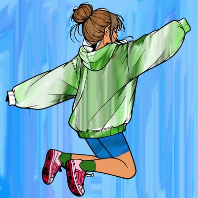 realistic girl jumping with a bun and oversized sweatshirt