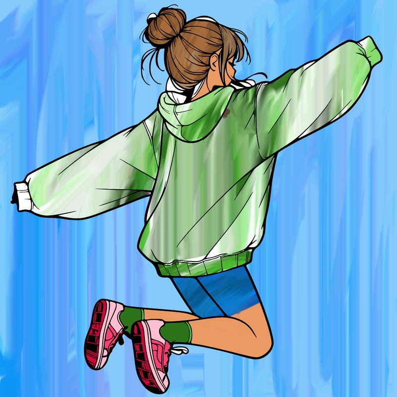 realistic girl jumping with a bun and oversized sweatshirt