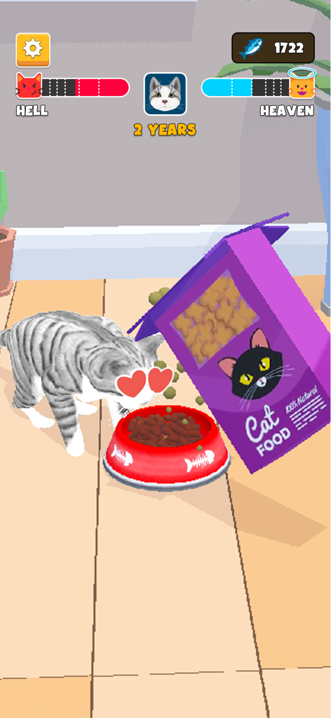 Eine graue Tabby-Katze mit Herzaugen frisst aus einer roten Schüssel im Cat Life Pet Simulator 3D-Spiel