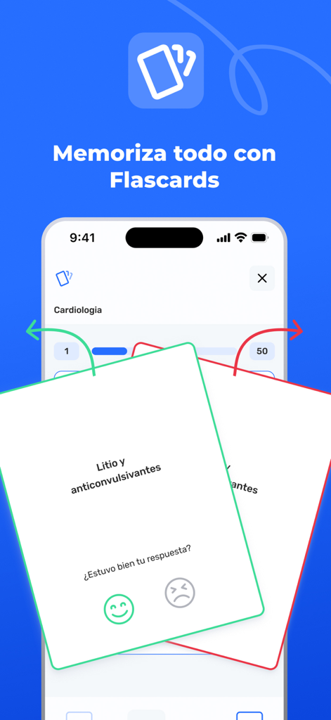 Pantalla de la aplicación uDocz mostrando flashcards interactivas para memorizar contenido académico con iconos de retroalimentación