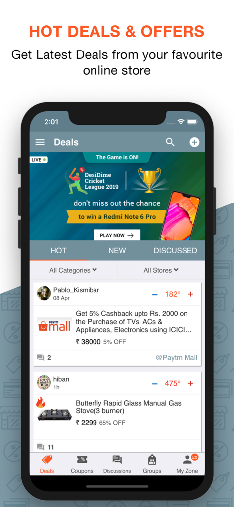 DesiDime - Shopping Community - DesiDime mobile app interface showing current shopping deals and community offers for Indian online stores