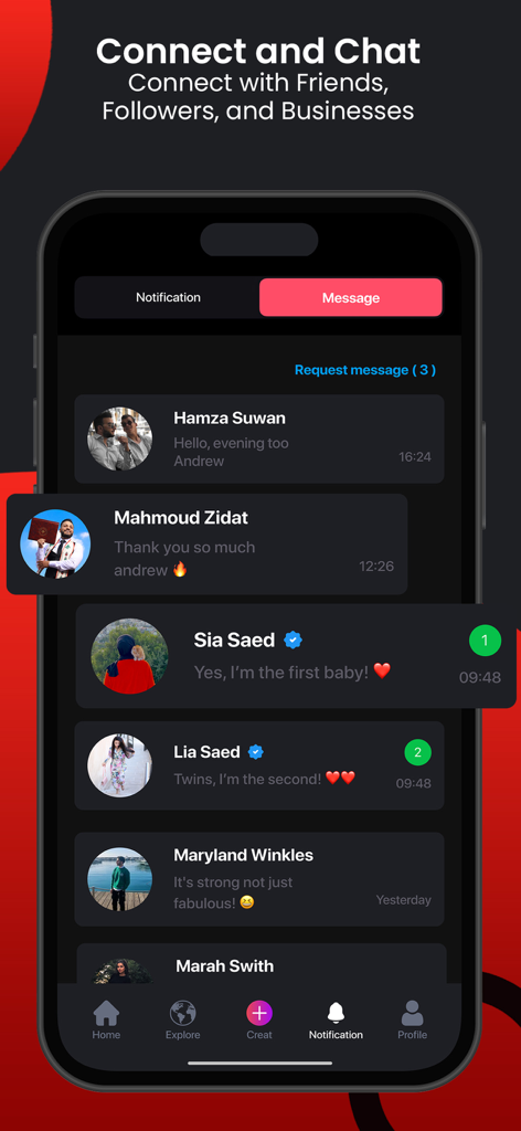 Redz: Explore content nearby - Redz app messaging interface showing a list of conversations and chat notifications