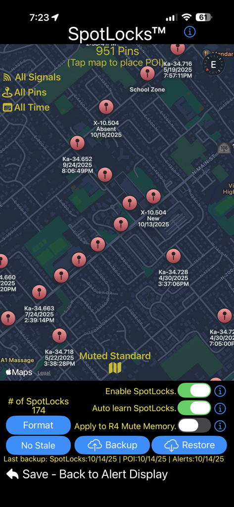 A map interface in the R4 Companion app displaying numerous SpotLock pins used for location-based radar signal muting and management.