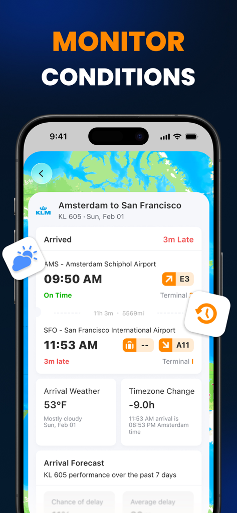 Flight Tracker. AI Plane Radar - Mobile app screen showing flight details for a trip from Amsterdam to San Francisco including gate numbers arrival weather and time zone changes