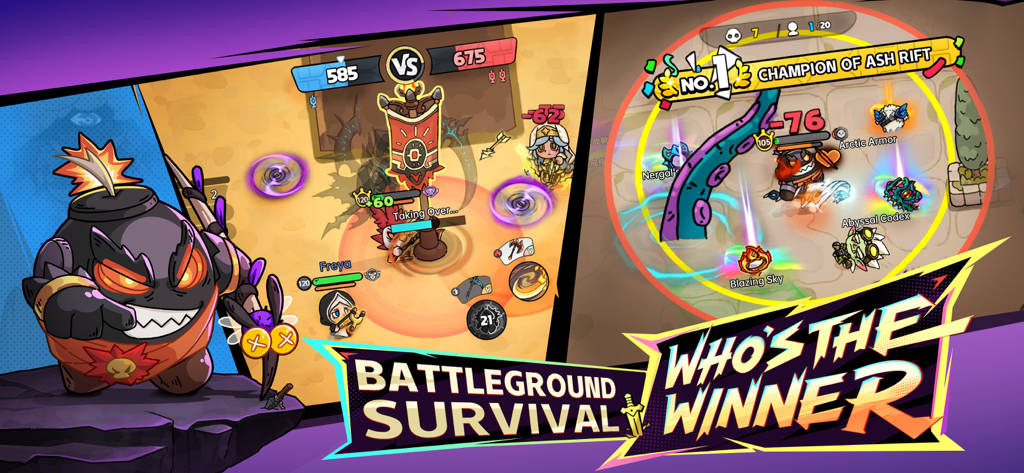 Hero's Land: GrimLoot - Heros Land GrimLoot gameplay showing battleground survival and champion victory screens