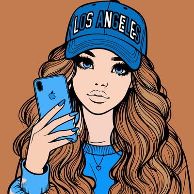 realistic beautiful girl wearing los ángeles cap holding an iphone
