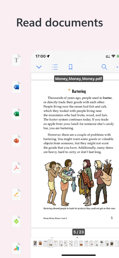 Owlfiles app interface displaying a PDF document with various file format icons on the side