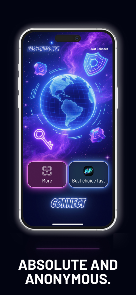 VPN - Easy Shield VPN 2026 - Interface do Easy Shield VPN no iPhone com um globo brilhante e um botão de conexão de um toque.