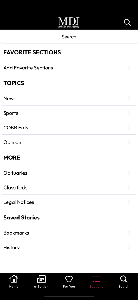 Marietta Daily Journal - The sections menu of the Marietta Daily Journal mobile app displaying news sports and community topics