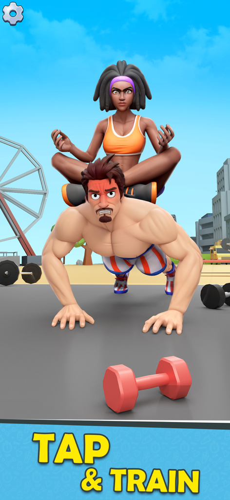 Gym Clicker Hero: Idle Muscles - 背中にパートナーを乗せて腕立て伏せをする筋肉質のキャラクター、ジムクリッカーヒーローのモバイルゲーム