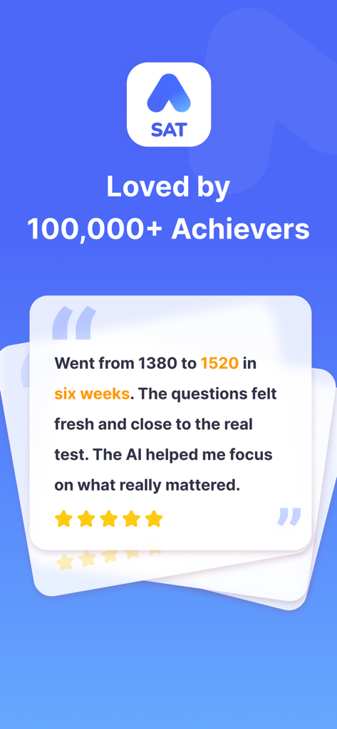 User testimonial for AlphaTest SAT Prep app highlighting a score increase from 1380 to 1520 and 5 star rating
