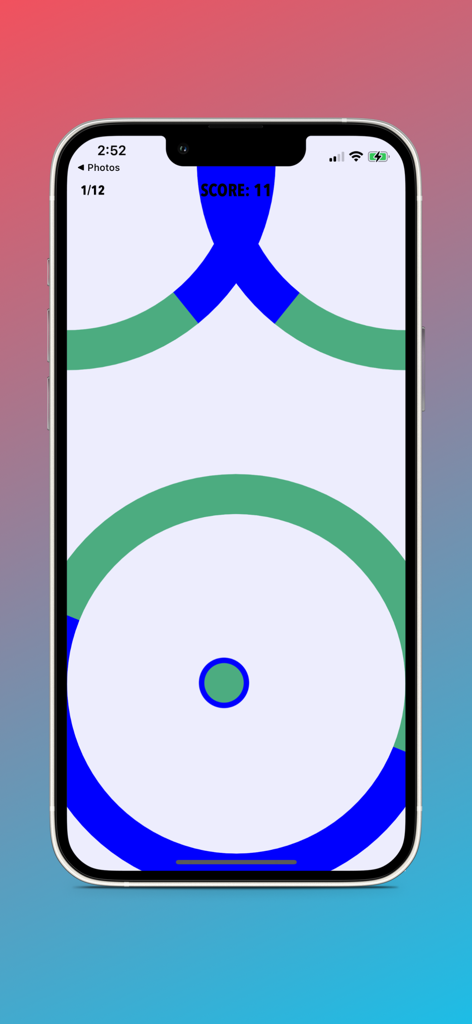 EyeAlign Quest - Interface du jeu mobile EyeAlign Quest montrant un exercice de thérapie visuelle avec des obstacles circulaires bleus et verts