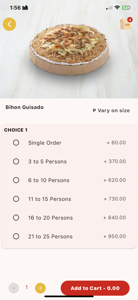 Amber Food App ordering screen for Bihon Guisado featuring multiple party tray size options.