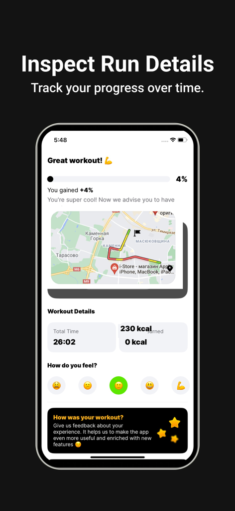 iRun app workout summary screen showing a run map, duration, and calories burned.