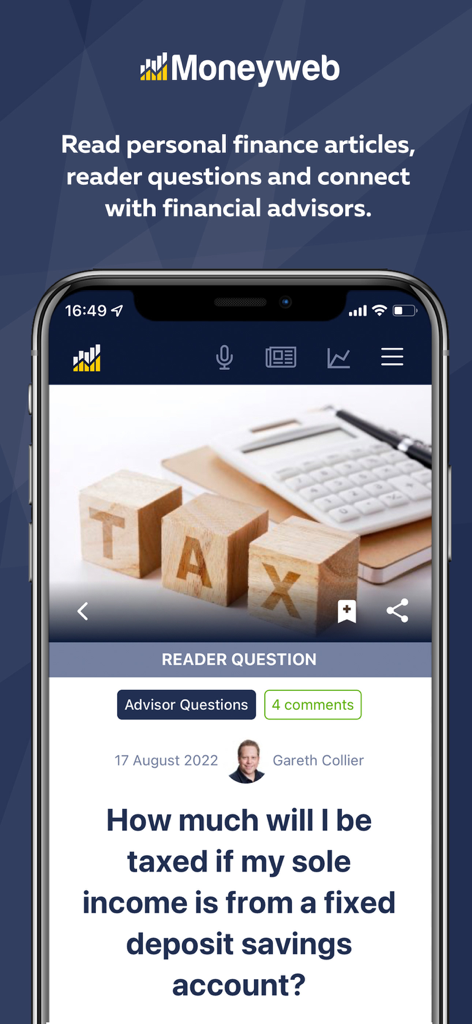 Moneyweb News app interface showing a reader question about tax on savings accounts