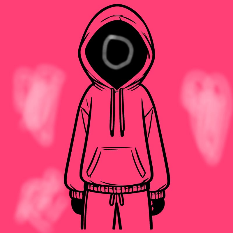 faceless girl in a tracksuit with a hood on and no hair