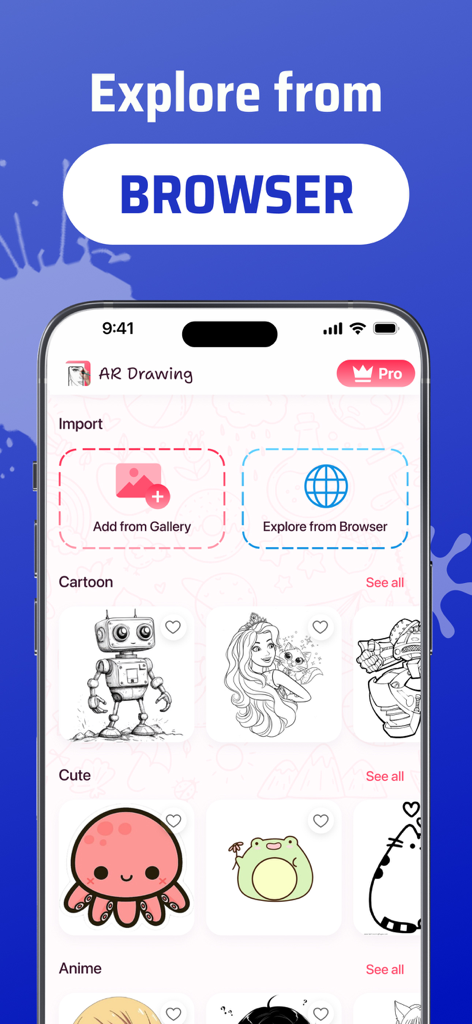 AR Drawing Sketch App: ArtEasy - AR Drawing ArtEasy app interface showing browser image import and sketch categories for cartoons and cute animals.