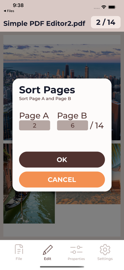 ドキュメントページの並べ替えを行うシンプルなPDFエディターのインターフェース