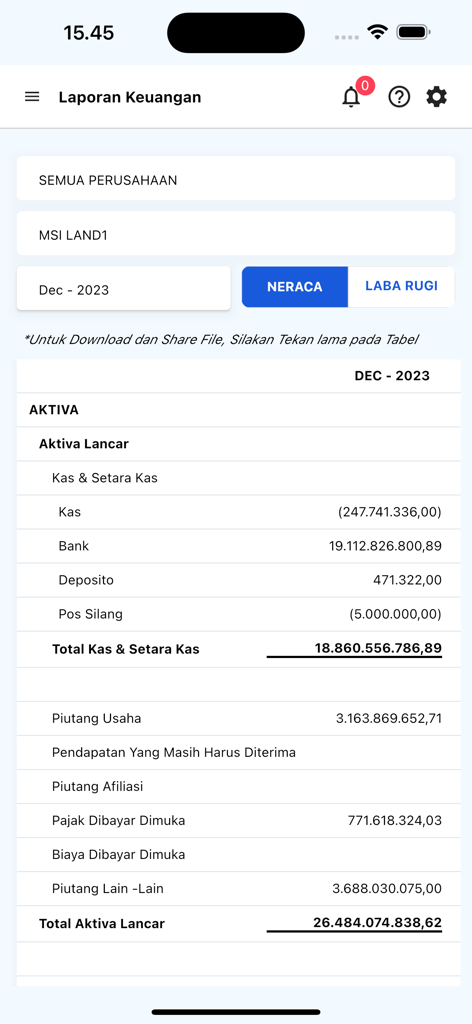 Porta Pro - Tela do aplicativo móvel mostrando um relatório financeiro com balanço patrimonial e ativos circulantes para um projeto de desenvolvimento imobiliário.