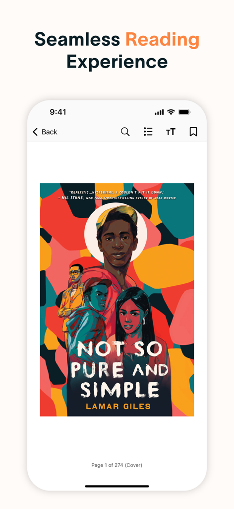 The Palace Project - Pantalla de smartphone que muestra la interfaz de la aplicación de lectura de The Palace Project con la colorida portada de un libro.