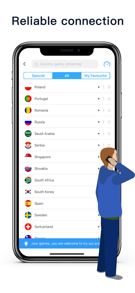 Speedy Quark VPN - VPN Proxy - Interfaccia dell'app Speedy Quark VPN che visualizza un elenco di posizioni di server globali per una connessione affidabile