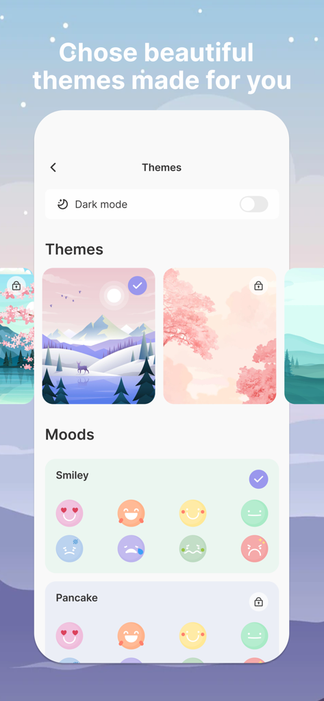 My Diary with password & lock - My Diaryアプリの画面。美的風景テーマと毎日の気分を追跡するためのさまざまな絵文字オプションを表示。