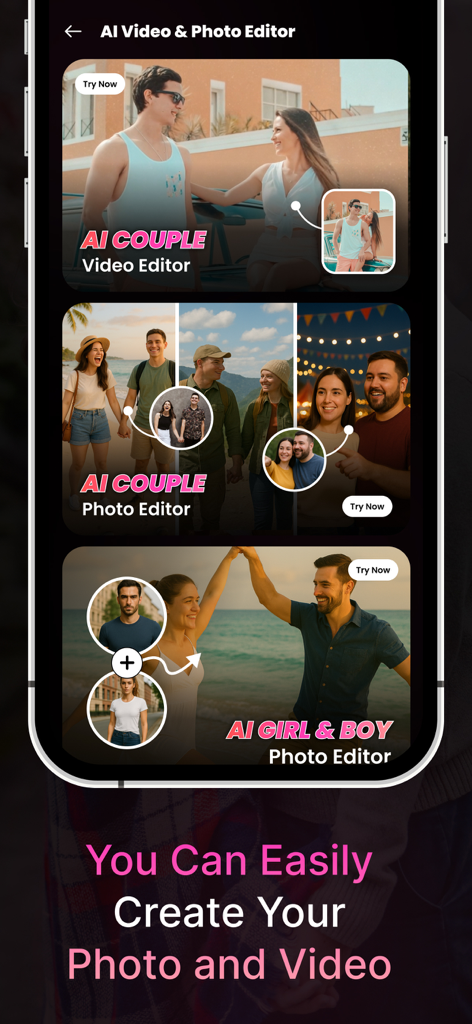 AI Couple Photo Generator - Oberfläche der AI Couple Photo Generator App, die Funktionen für Video- und Fotobearbeitung sowie die Umwandlung von Einzelpersonen in Paare anzeigt