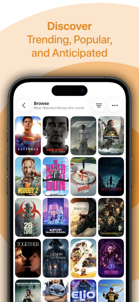 Browse screen in Rippple for Trakt displaying a grid of popular and anticipated movie posters on an iPhone.