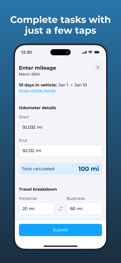 Element ONE - Element ONE mobile app screen for entering vehicle mileage with business and personal travel breakdown