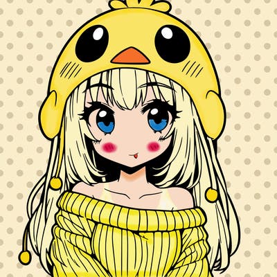 anime girl with chick shaped hat with sweater with bare shoulders with bangs covering them one eye with low tail